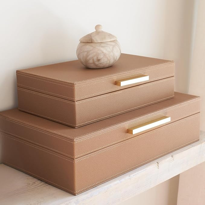 Decorative Storage Boxes with Lids - Set of 2 PU Leather Organizer Bins | Amazon (US)