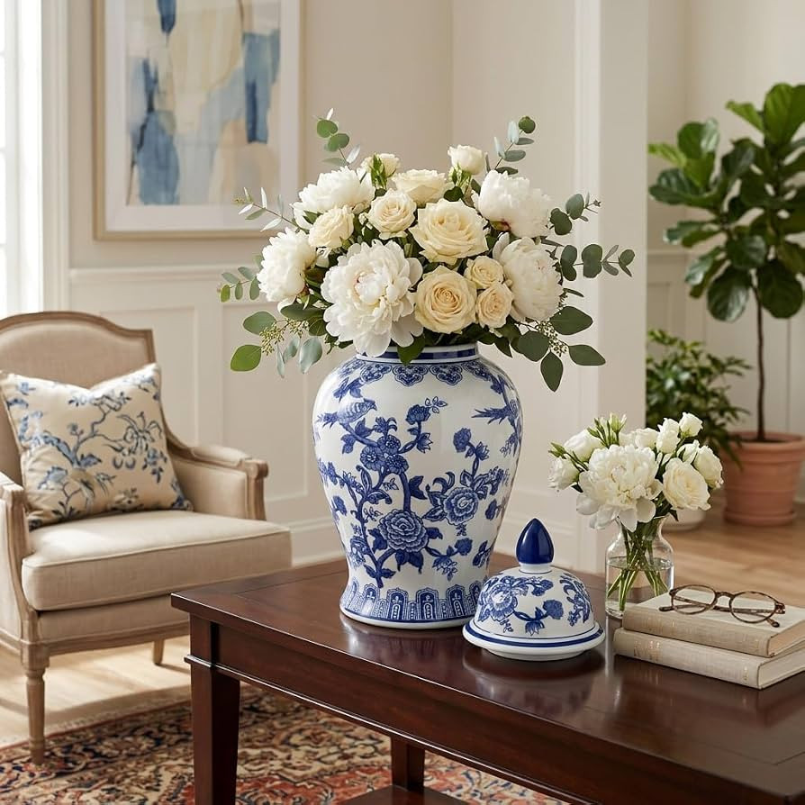 Decorative Ginger Jar for Home Decor \u2013 Ceramic Jar With Lid, Chinoiserie Pattern, Large Tabl... | Amazon (US)