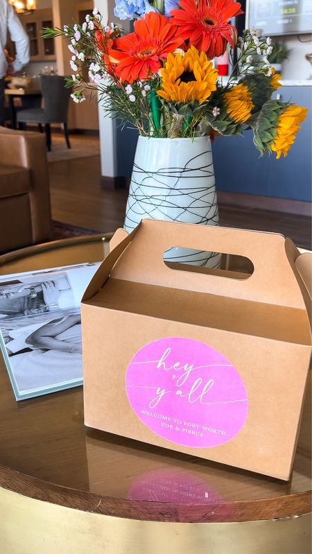 Wedding welcome boxes! I made the signs in Canva! 