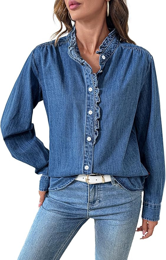 Sidefeel Womens Denim Shirt Button Down Long Sleeve Ruffled Edge Jean Blouses Tops | Amazon (US)