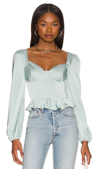Long Sleeve Hook & Eye Front Peplum Top in Sage | Revolve Clothing (Global)