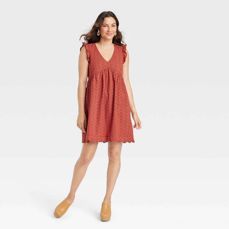 Women&#39;s Ruffle Short Sleeve Eyelet A-Line Dress - Knox Rose&#8482; Red S | Target