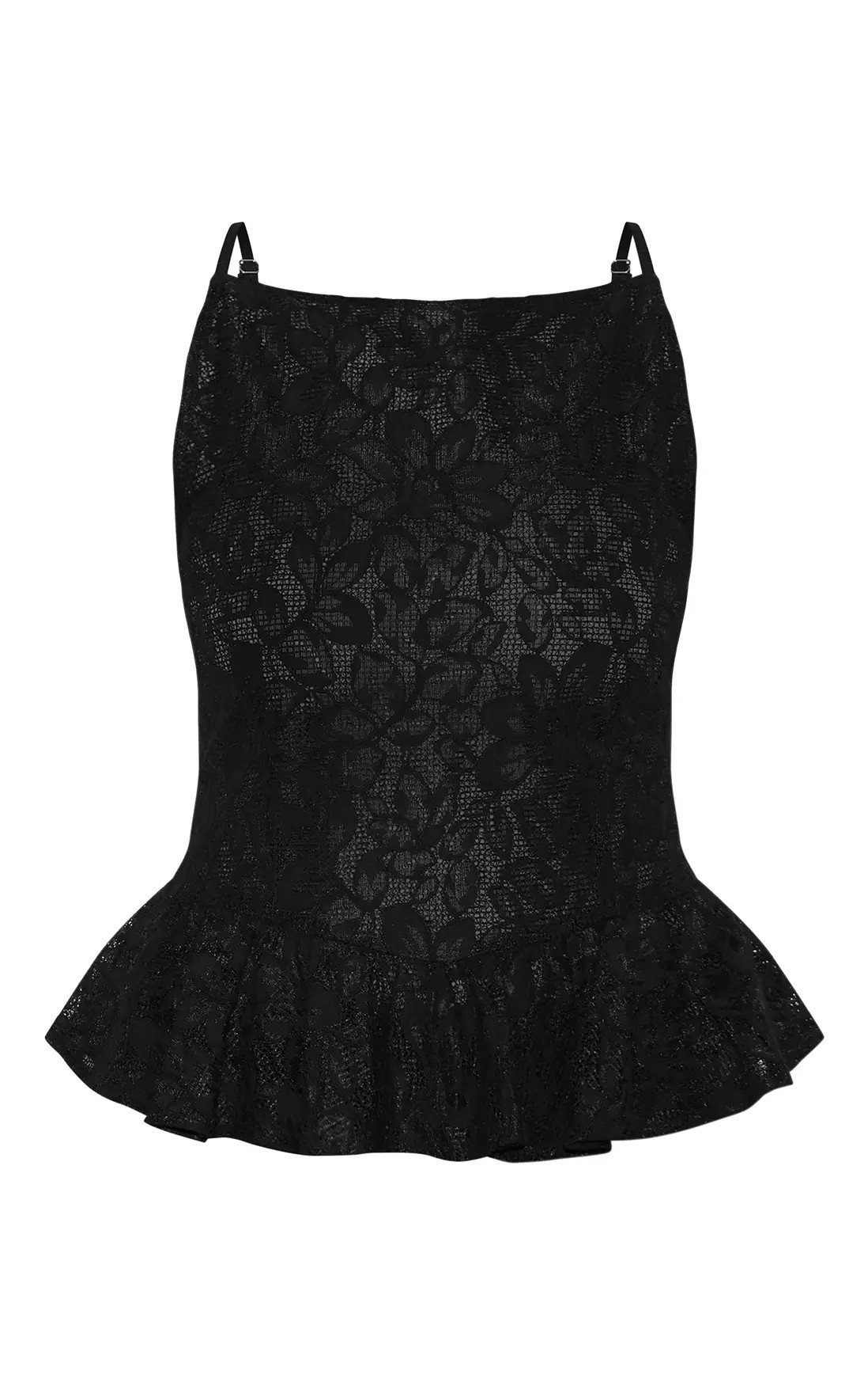 Tops | Plus Black Sheer Lace Peplum Sleeveless Top | PrettyLittleThing | PrettyLittleThing US