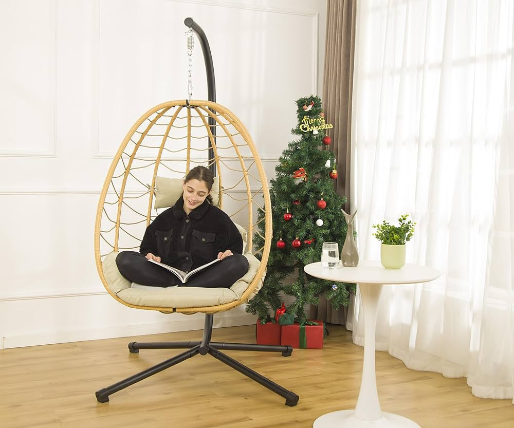 DoubleTT Indoor/Outdoor Wicker Swing Egg Chair Hammock Hanging Chair Nest Basket with Stand, UV R... | Amazon (US)
