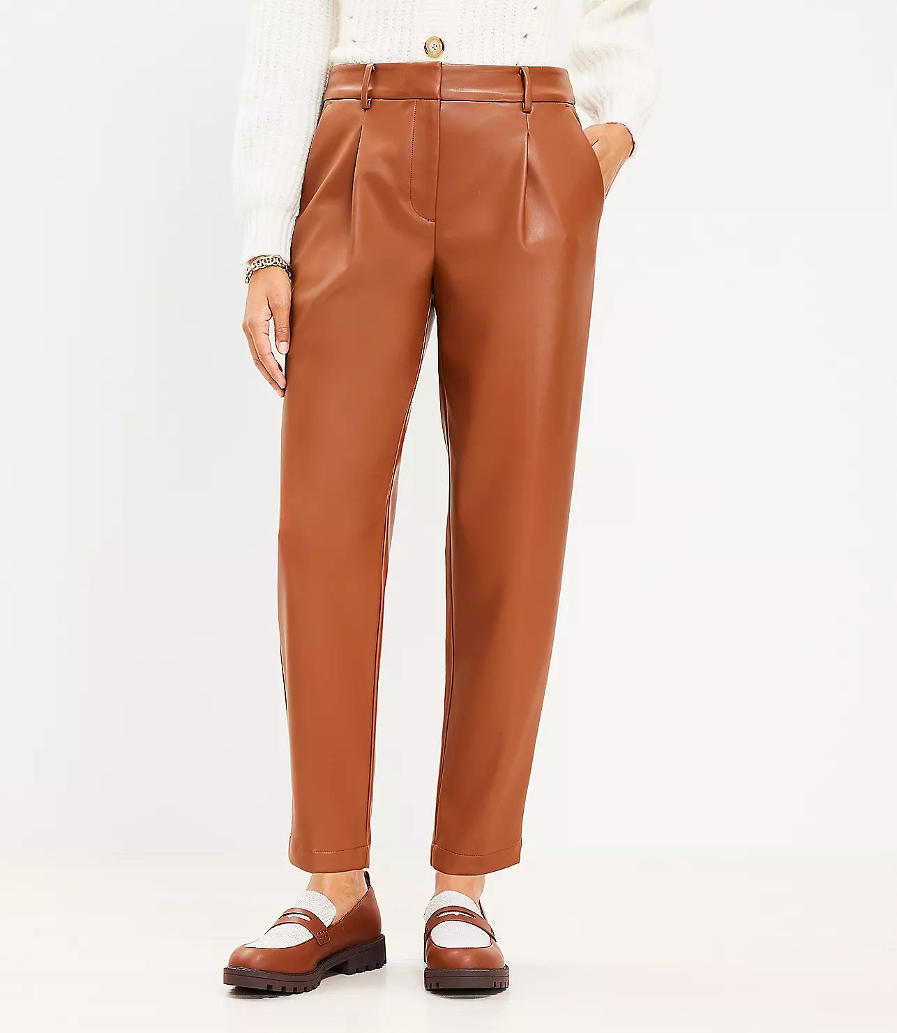Pleated Tapered Pants in Faux Leather | LOFT