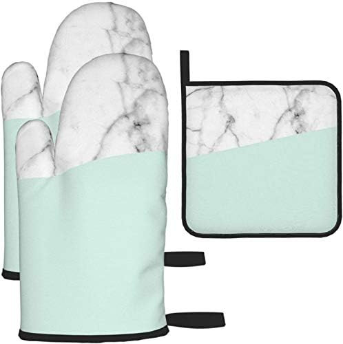 Oven Mitts and Pot Holders 3pcs Set,Real White Marble Half Pastel Mint Green Kitchen Oven Glove a... | Amazon (US)
