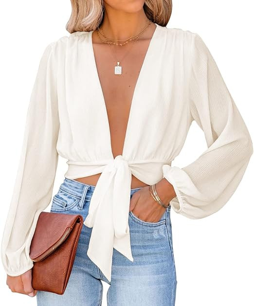 LYANER Women's Deep V Neck Tie Front Knot Long Sleeve Sexy Wrap Crop Top Blouse | Amazon (US)