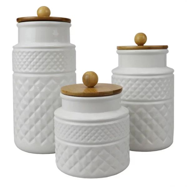 3 Piece Embossed Ceramic Canister with Bamboo Tops, White | Walmart (US)