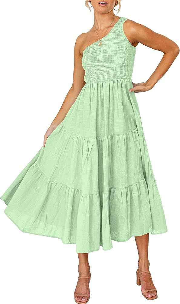 ANRABESS Women's 2023 Summer Bohemian One Shoulder Sleeveless Smocked Ruffle Tiered Beach Maxi Sun D | Amazon (US)