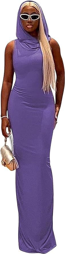 Women's Casual Long Sleeve Bodycon Maxi Dress Y2k Hoodie Ruched Basic Back Hem Split Party Club N... | Amazon (US)