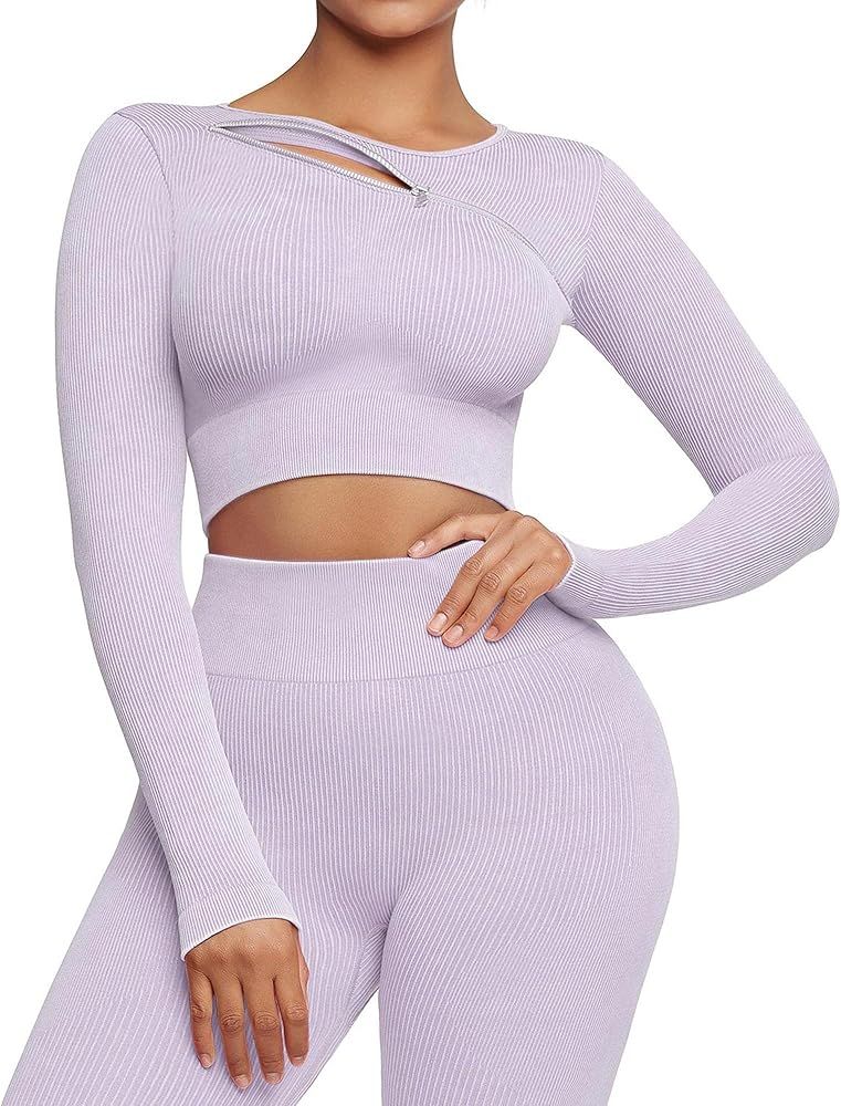 FeelinGirl Workout Sets for Women 2 Piece Seamless Long Sleeve Crop Tops Seamless Ribbed Outfits ... | Amazon (US)