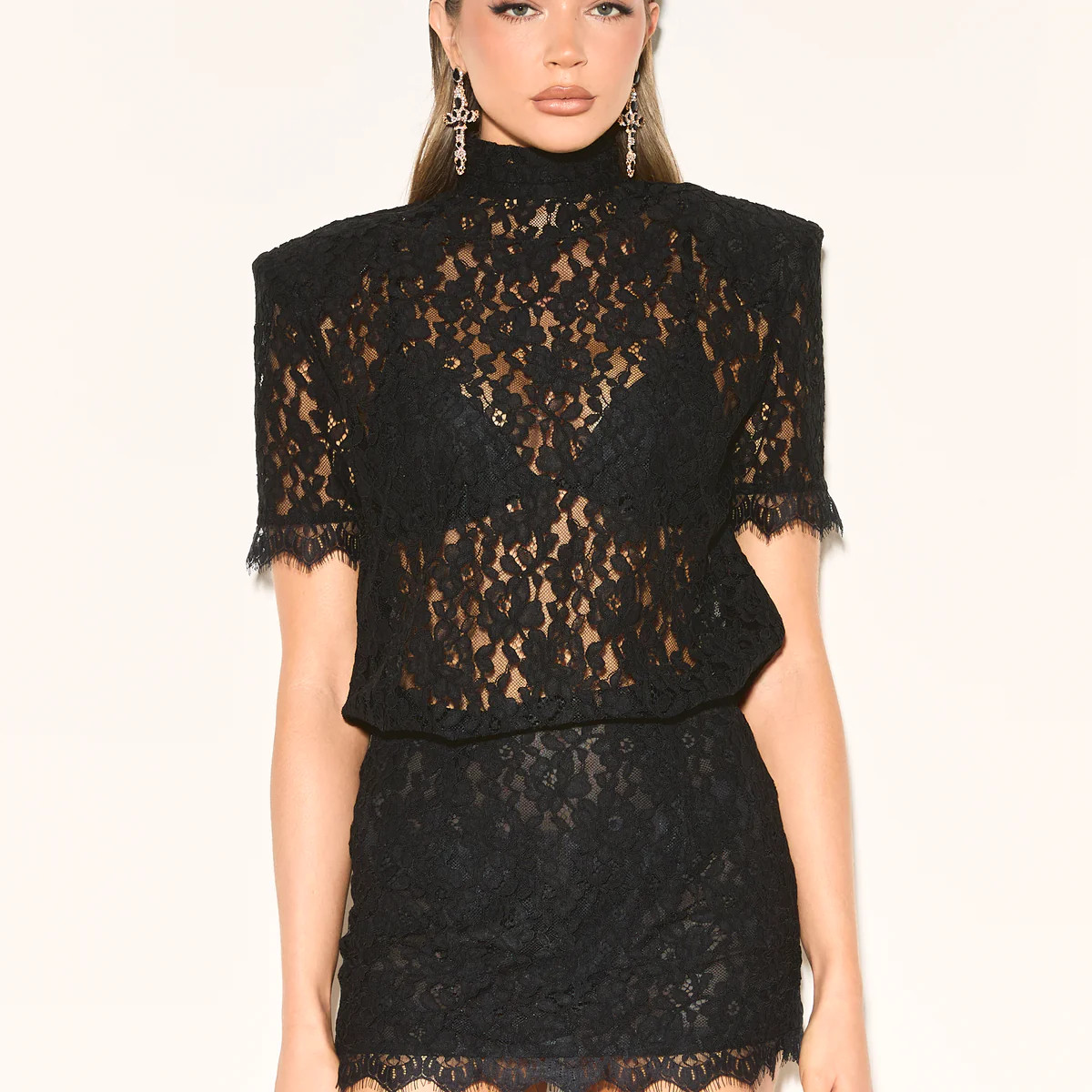 ORLA Black High Neck Lace Mini Dress | Noughts and Kisses