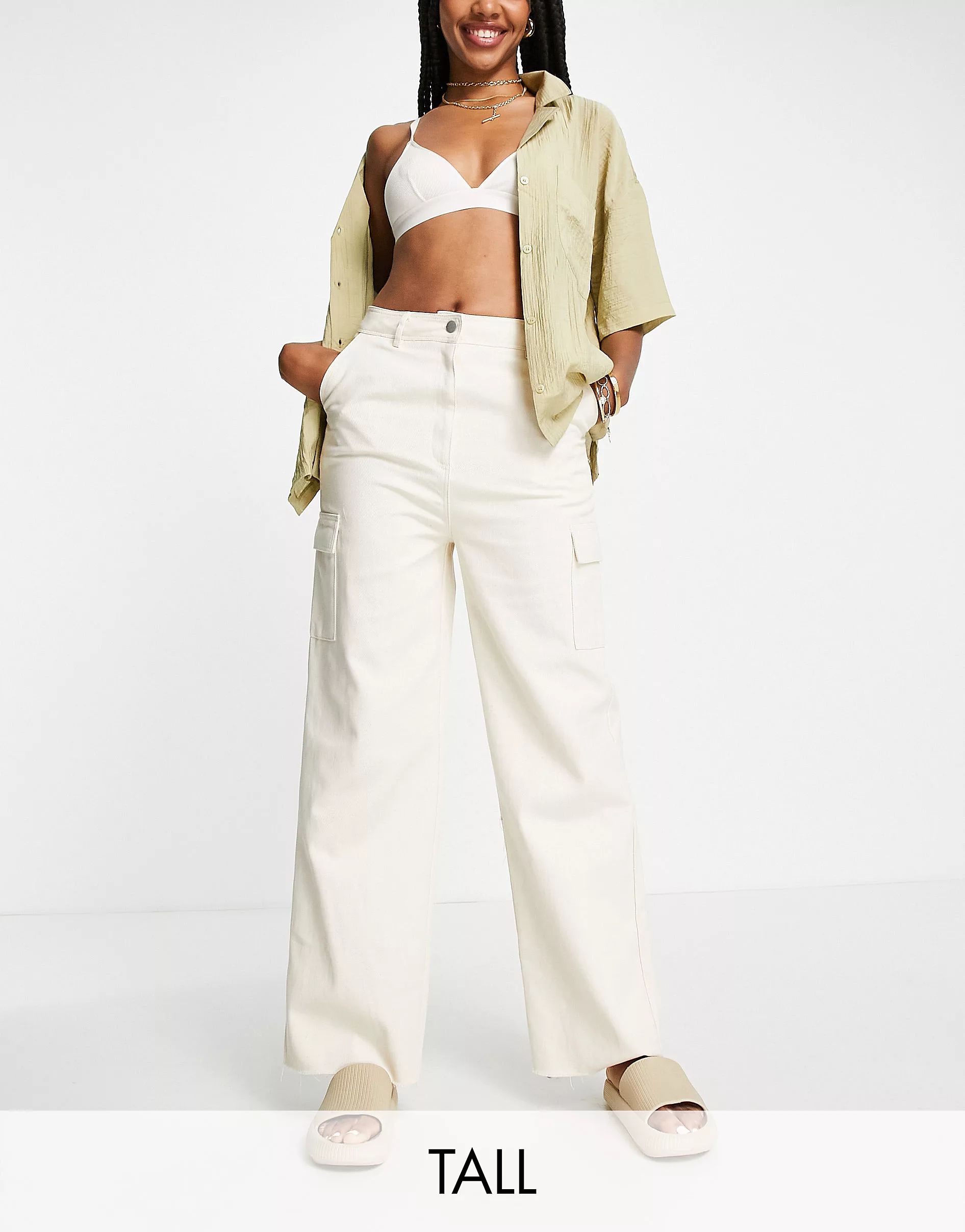 Missguided Tall wide leg cargo pocket pants in cream | ASOS (Global)