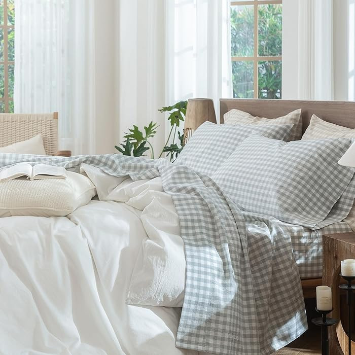 MooMee Gingham Sheet Set 100% Washed Cotton Linen Like Textured Breathable Soft w/Fully Elasticiz... | Amazon (US)