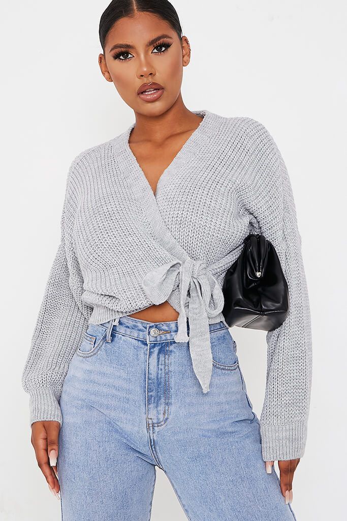 Grey Super Soft Wrap Over Crop Cardigan | ISAWITFIRST