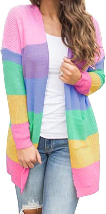 HZSONNE Women's Casual Color Stripe Open Front Slouchy Cardigan Lightweight Crochet Side Pocket K... | Amazon (US)