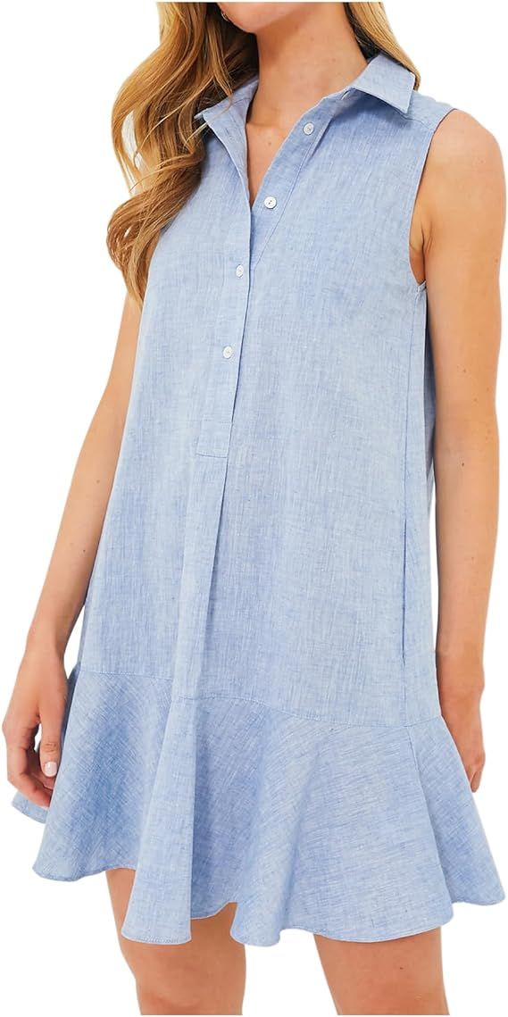 Women‘s Sleeveless Shirt Dress Ruffle Hem Cotton Tunic Tank Dress Button Up Swing Shift Mini Dr... | Amazon (US)
