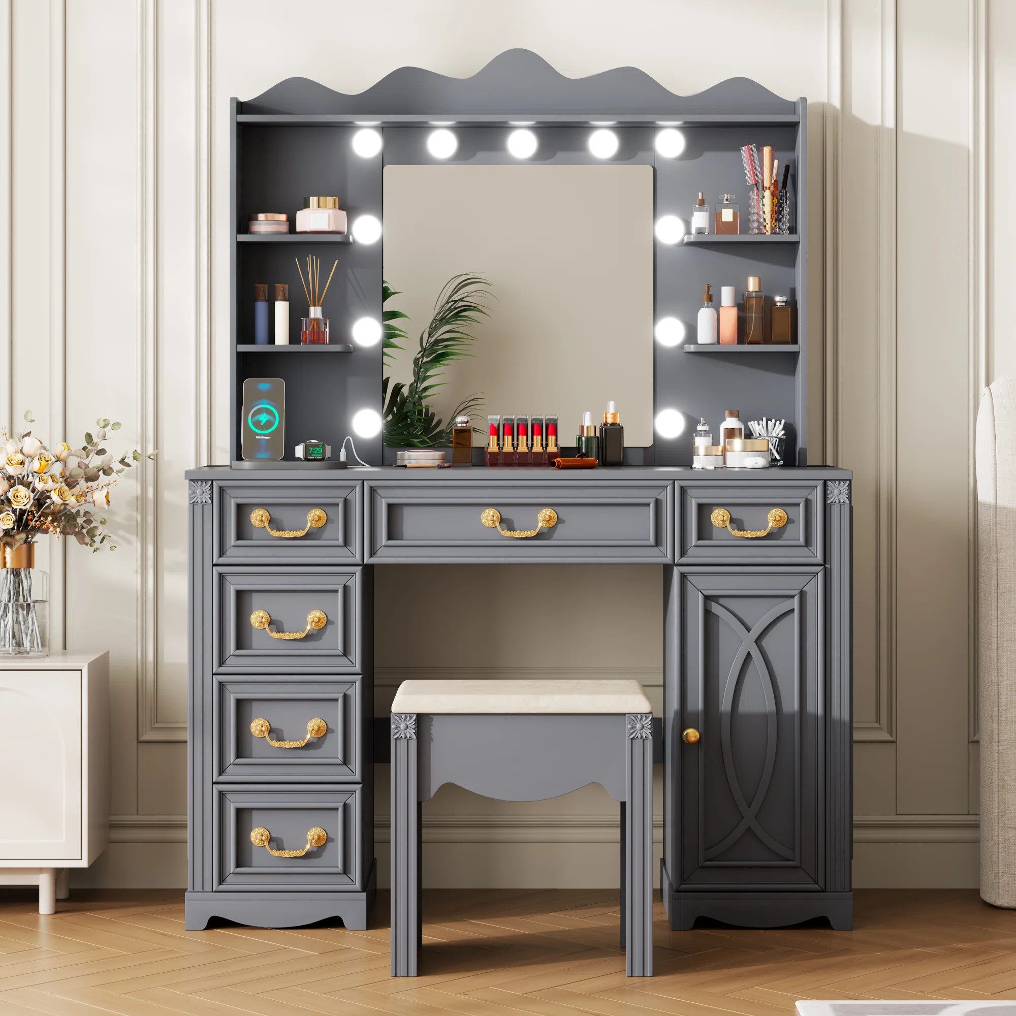 Makeup Vanity with 3-color Lighting Mirror, Outlets, Stool, Storage Drawers and Cabinet | Wayfair North America
