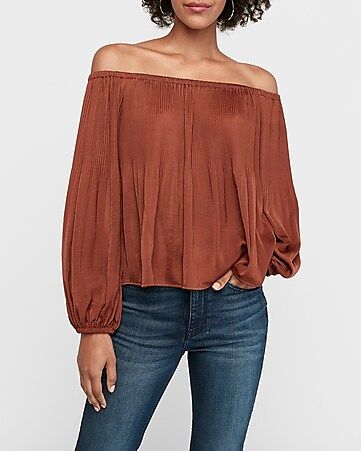 pleated satin off the shoulder balloon sleeve top | Express