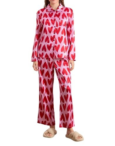 Women Valentine's Day Pajamas Set Heart Print Silk Long Sleeve Shirt and Lace Trim Pants Set Satin Pjs Sleepwear Rose Red | Amazon (US)