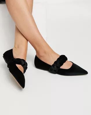 ASOS DESIGN Liberty plaited mary jane pointed ballet flats in black velvet | ASOS (Global)