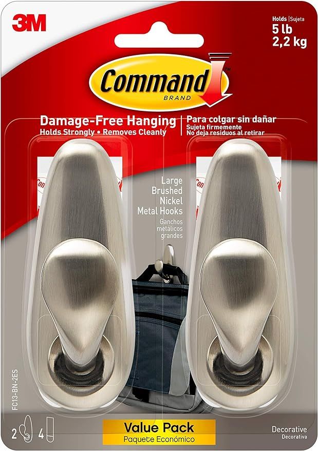 Command Large Forever Classic Metal Hook, Brushed Nickel, 2-Hooks, 4-Strips, Decorate Damage-Free | Amazon (US)