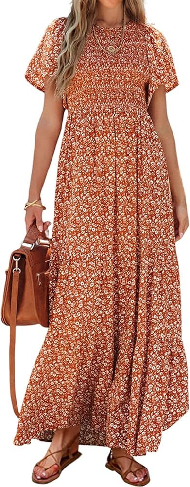 PRETTYGARDEN Women's Summer Casual Flutter Short Sleeve Boho Floral Maxi Dress Crew Neck Smocked ... | Amazon (US)