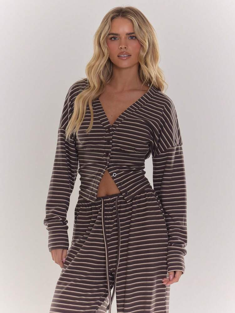 MUSERA Stripe Button Through Long Sleeve Cinched Top Only Cosy Cute Casual Winter Chic Two Pieces Lounge Set Comfortable Coffee Club Spring Summer | SHEIN