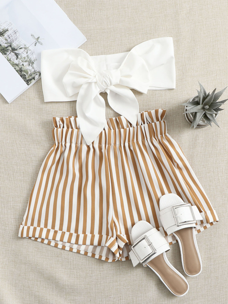 SHEIN VCAY Self-Tie Bandeau Top & Striped Paperbag Shorts Set | SHEIN