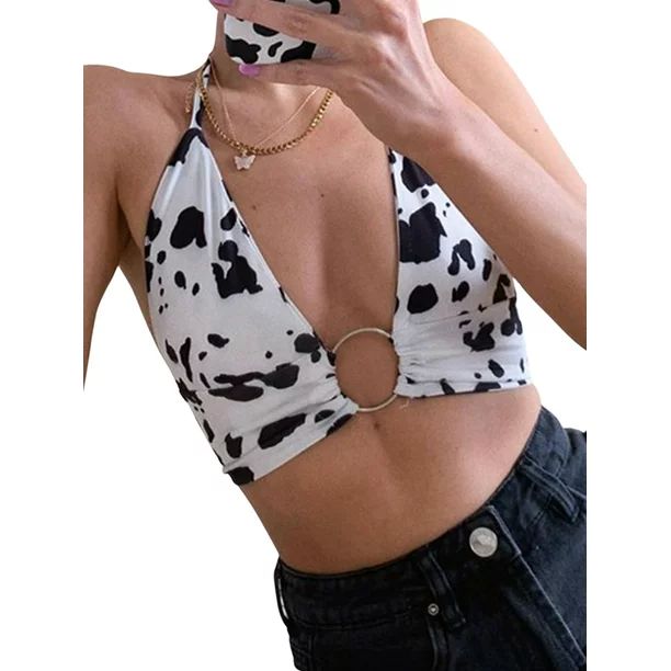 Afunbaby Women Summer Crop Tops, Milk Cow Print V Neck Sleeveless Sling Vest with Metal Ring | Walmart (US)