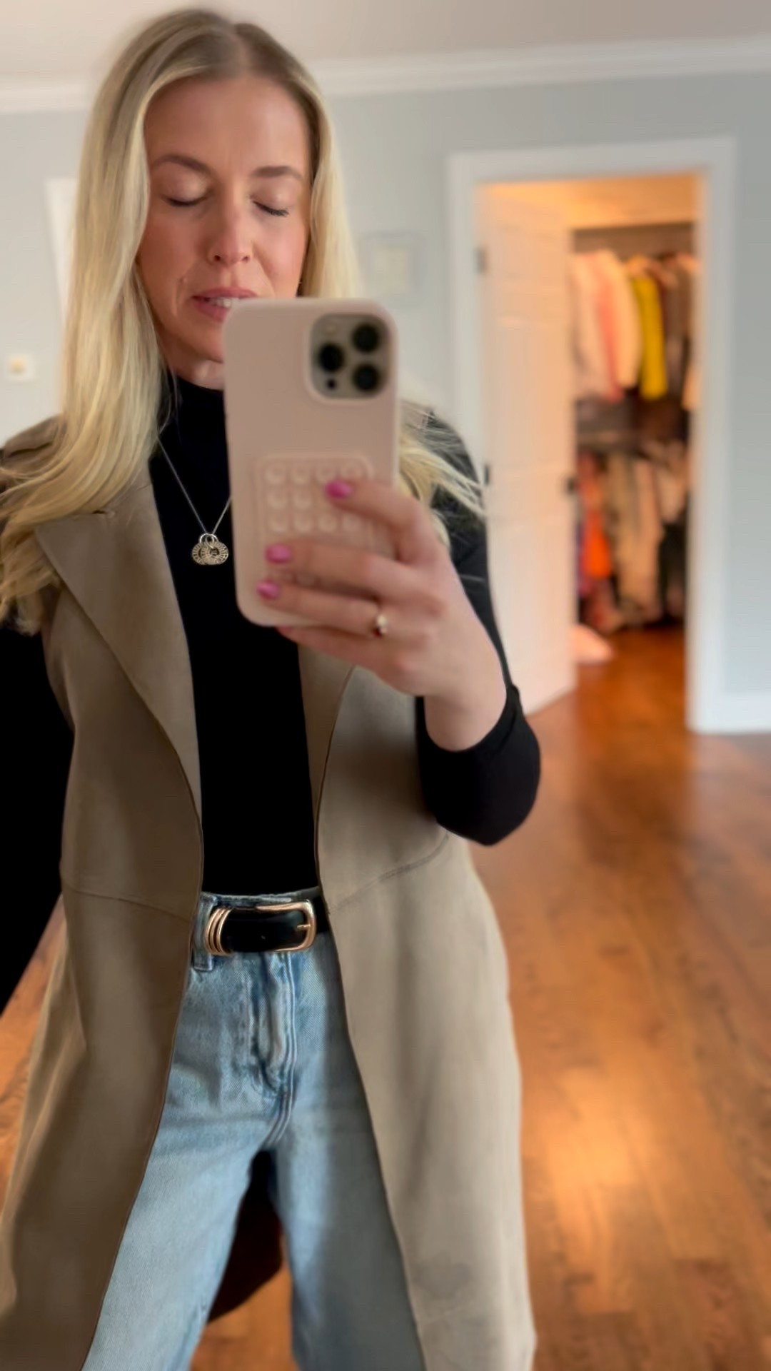 Swap this for your sweats. I have the jeans in both colors, belt is such a steal. Turtle neck and faux suede vest are old but I linked similar. 

#LTKmomlife #LTKgrwm