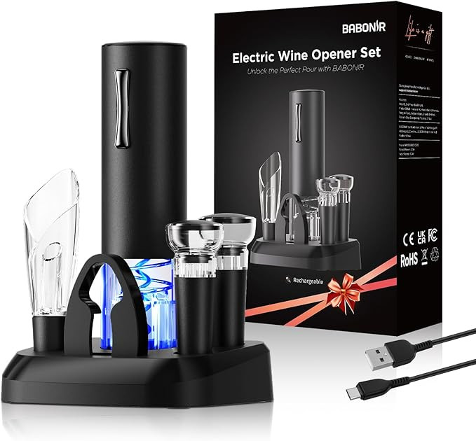 Electric Wine Opener Set, 7-in-1 Wine Gift Set with Charging Base, Foil Cutter, Aerator Pourer, 2... | Amazon (US)