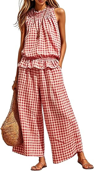 Tanming Women's 2 Piece Set Outfits Gingham Plaid Sleeveless Ruffle Top Wide Leg Pants Summer Cas... | Amazon (US)