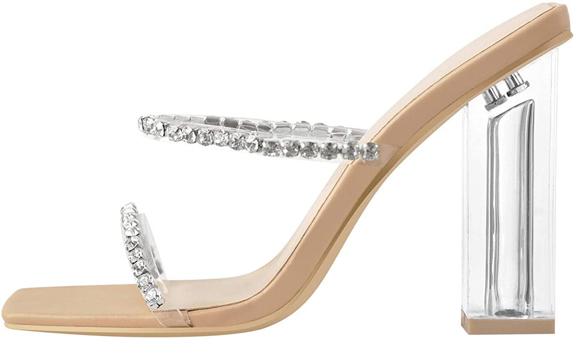 LISHAN Women's Rhinestones Straps Clear Block High Heels | Amazon (US)