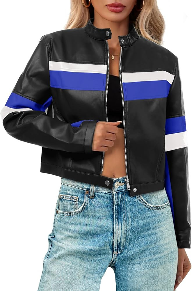 Tankaneo Womens Cropped Moto Biker Jackets Faux Leather Bomber Jacket Color Block Vintage Racing ... | Amazon (US)