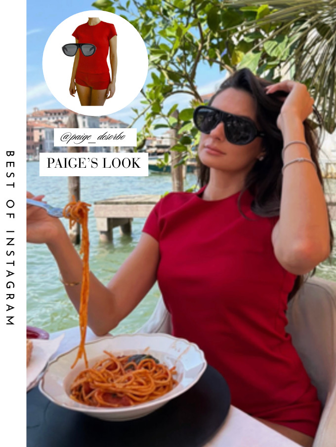 Paige DeSorbo's Black Plastic Aviator Sunglasses and Red Outfit 📸 + Info= @paige_desorbo 

 