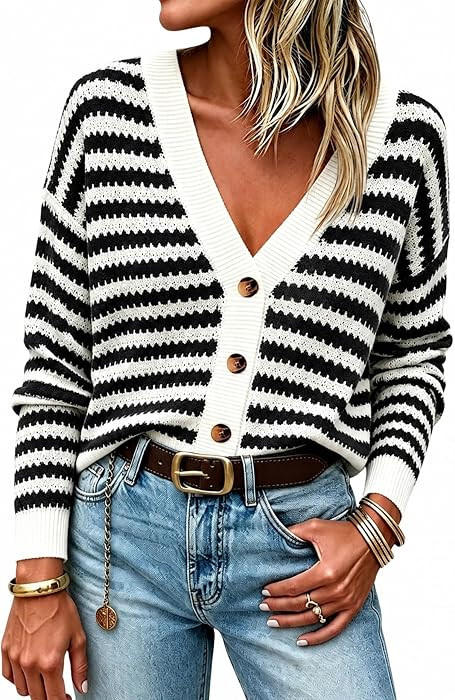 Springrain Women's Striped Crochet Long Sleeve Knit Cardigan | Amazon (US)