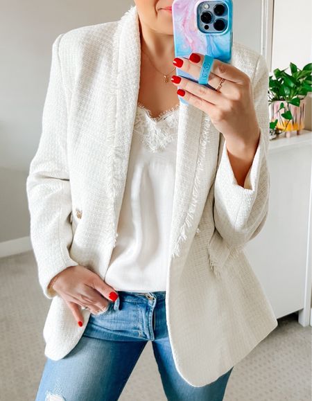 It’s cold and snowy AF, so of course I’m dreaming of spring and lighter, brighter days - and outfits. I’m definitely not one for the “no white after Labour Day” rule, so I would reach for this @chicwish cream tweed blazer any time of year, but I do love it with lighter jeans and a cami, which would be great for spring. The cut is classic and so it’s the tweed fabric - perfect for dressing up or down. I’ve linked everything you need to recreate this look. 

#LTKunder100 #LTKstyletip #LTKworkwear