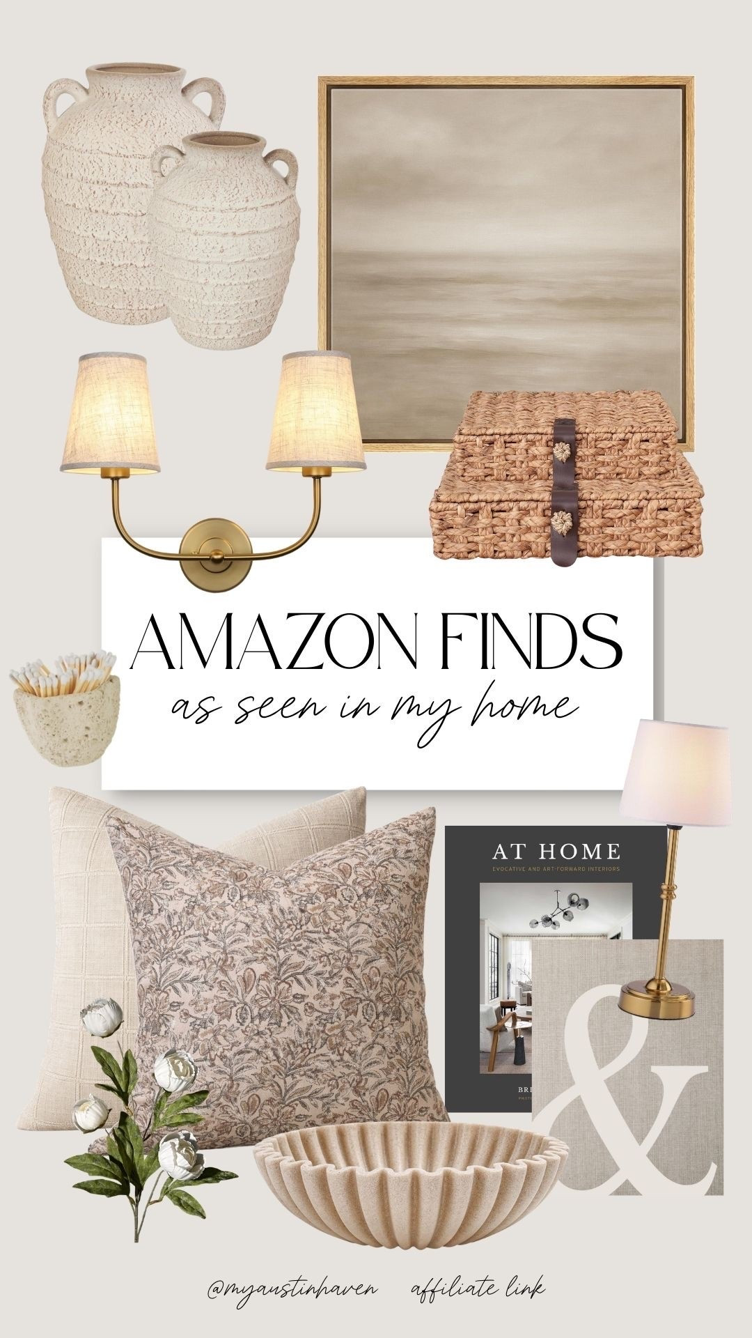 Amazon finds as seen in my home. 🏡 Timeless neutrals, warm brass lighting, woven storage, textured ceramics & layered pillows. Designer look without the designer price.

Amazon home finds, amazon home decor, neutral home decor, brass wall sconce, woven storage basket, decorative ceramic vase, textured throw pillows, vintage inspired wall art, neutral artwork, linen decor accents, coffee table styling, classic interior decor, warm neutral palette, amazon decor favorites, affordable home styling, timeless home pieces, amazon best sellers home.

#LTKHome #LTKSaleAlert