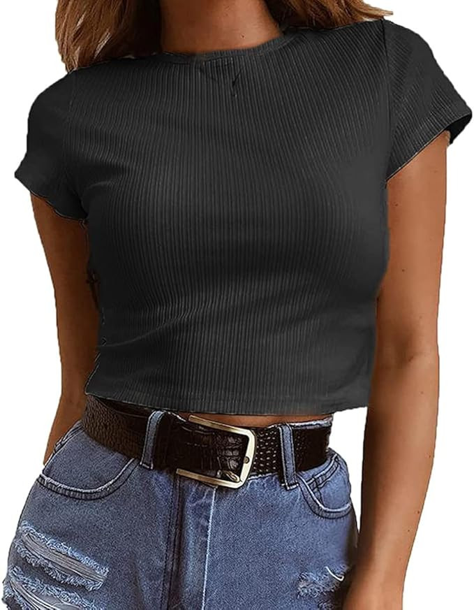 GEMBERA Women's Short Sleeve Ribbed Knit Crop Top Summer T Shirt | Amazon (US)