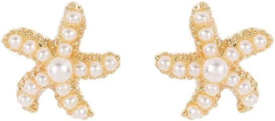 Beach Earrings for Women Tiny Colorful Starfish Seashell Faux Pearl Stud Earrings Rhinestone Wedd... | Amazon (US)
