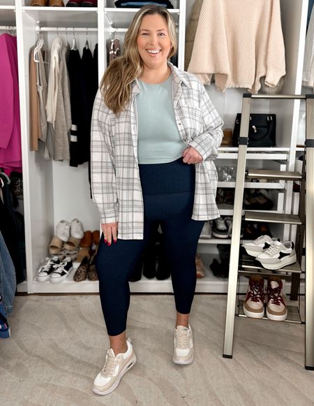 Plus size road trip outfit!! Love my spanx workout leggings more than any other! ASHLEYDXSPANX is my discount code! This old navy Powerchill bra is so comfy and I love how it fits. This cozy but not hot over shirt is perfect for these days! Pants and crop top bra run true to size, button up size up one. 2x in pants, 2x in crop top, 3x in button up. MOST COMFY MEMORY FOAM SNEAKERS EVER! 

#LTKmidsize #LTKplussize #LTKfindsunder50