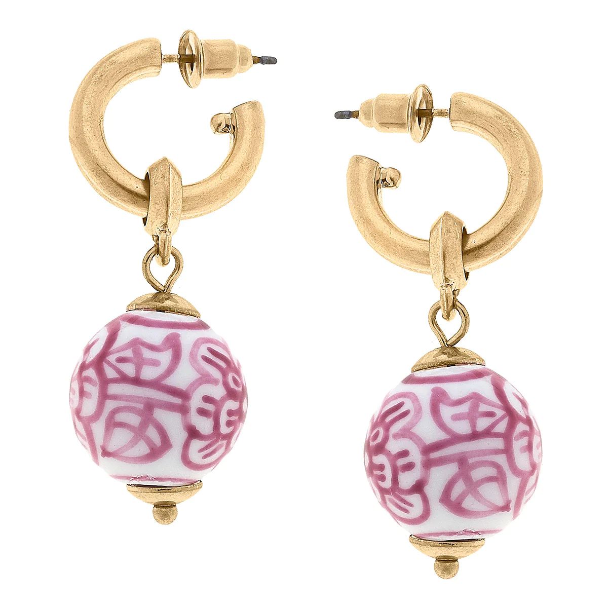 Chelsea Chinoiserie Drop Hoop Earrings in Pink & White | CANVAS