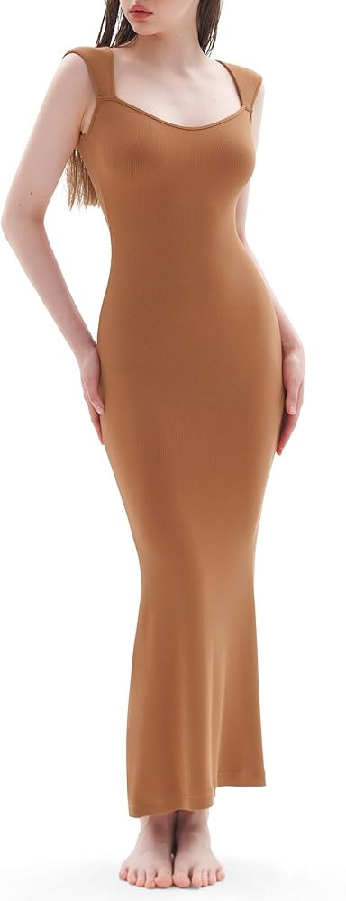 PUMIEY Women's Square Neck Cap Sleeve Maxi Dress Ribbed Bodycon Dress Summer Dresses for Women | Amazon (US)