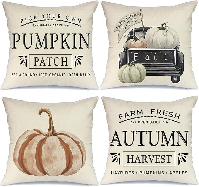 GEEORY Fall Decor Pillow Covers 18x18 Set of 4 Pumpkin Patch Farm Truck Harvest Fall Outdoor Stri... | Amazon (US)