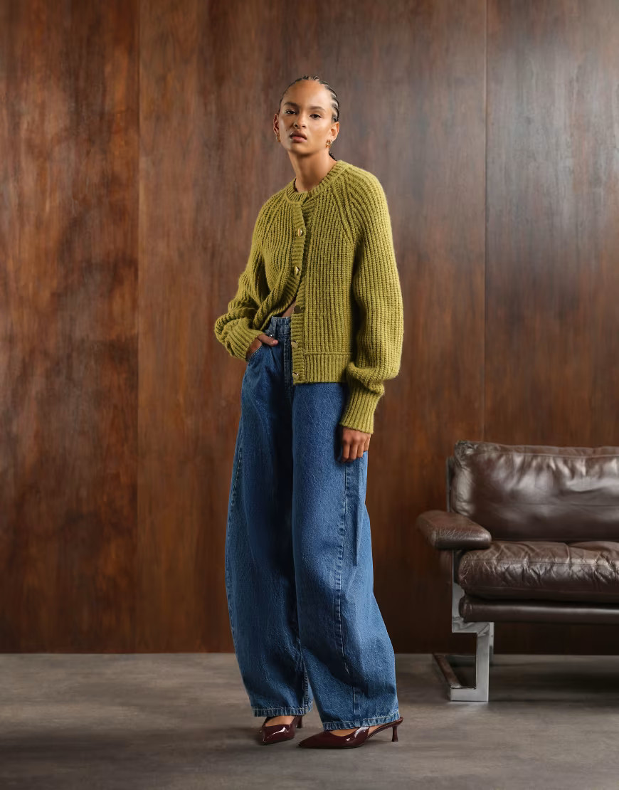 ASOS DESIGN knitted fisherman rib cardigan with raglan detail in olive-Green | ASOS (Global)