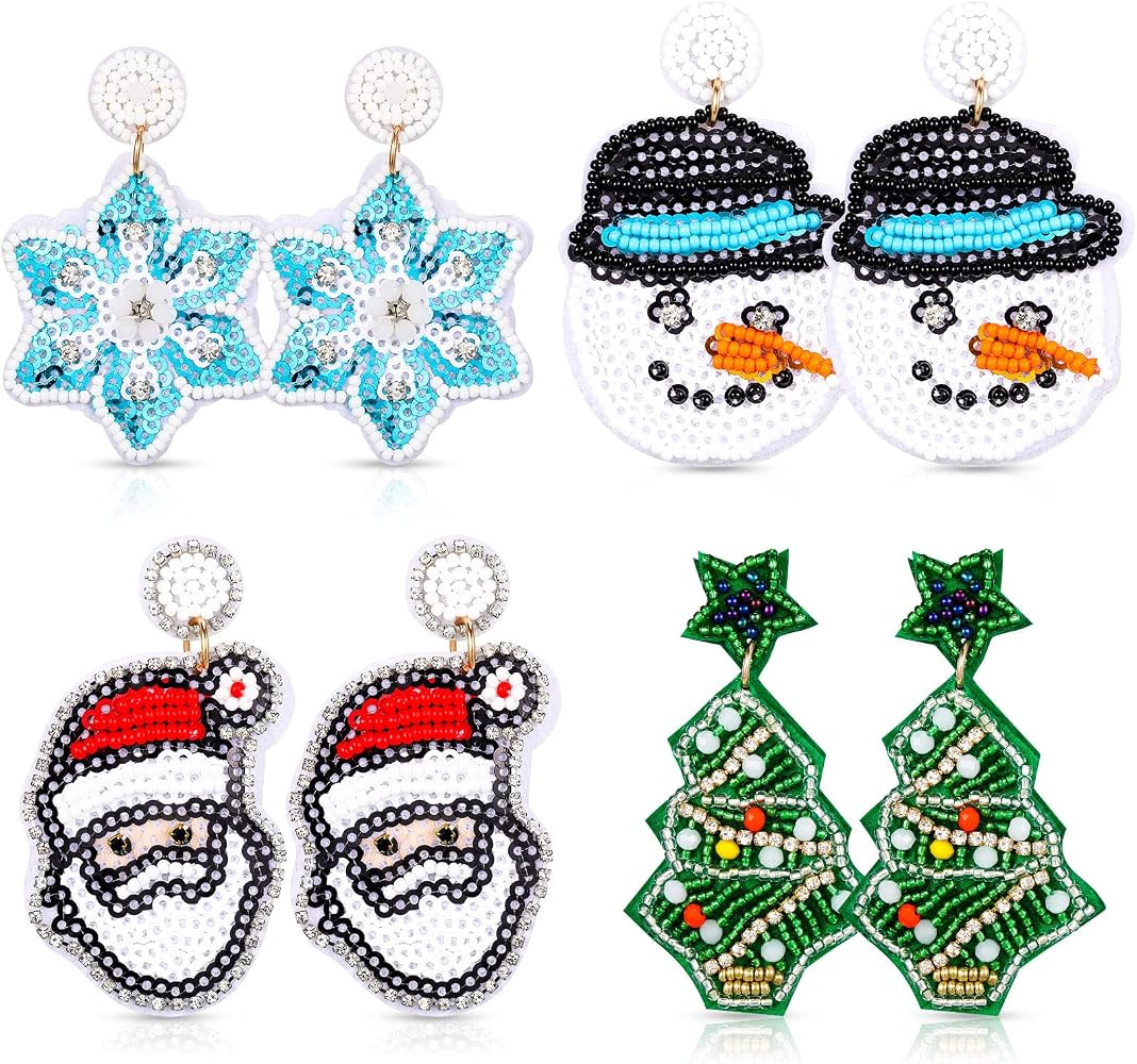 Jeyiour 4 Pair Christmas Beaded Earrings for Women Holiday Drop Dangle Earring Christmas Jewelry ... | Amazon (US)