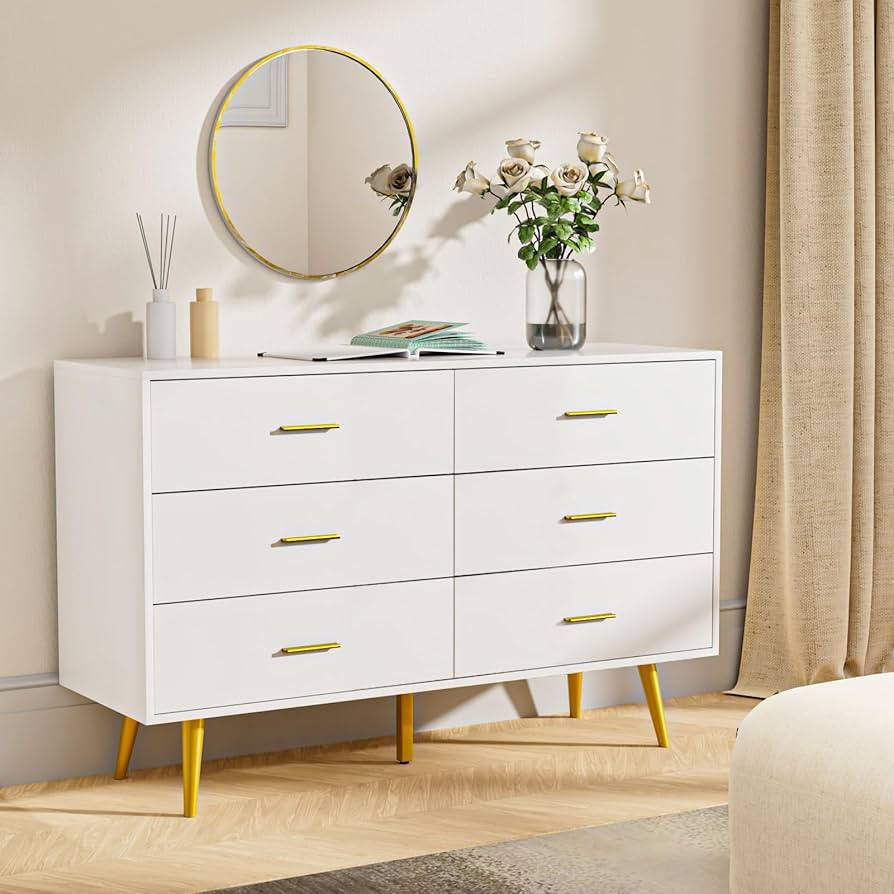 CARPETNAL White Dresser for Bedroom, 6 Drawer Dresser with Wide Drawers and Gold Metal Handles, W... | Amazon (US)