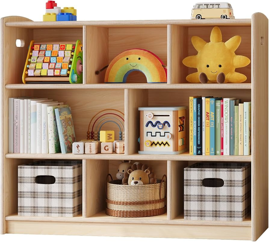 ONBRILL 8 Cube Montessori Shelf,3-Tier Wood Bookcase for Toddler Kids Room | Amazon (US)