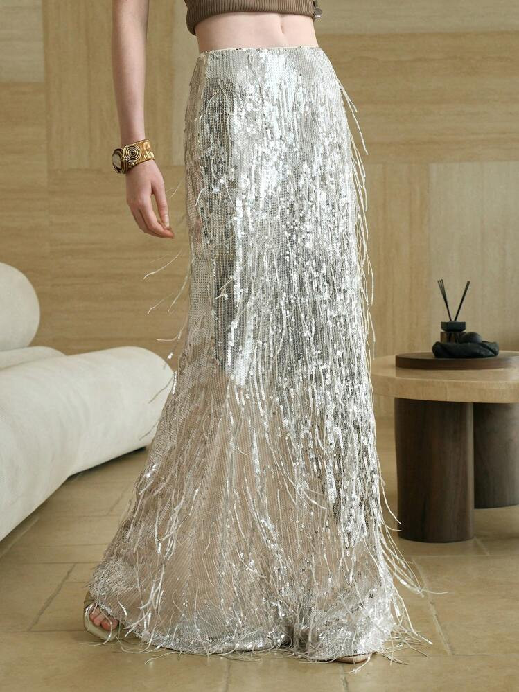 Arave Sequin Tassel Silver Fish Tail Skirt, Personalized Party Wear Clothing, Women's Spring/Summ... | SHEIN